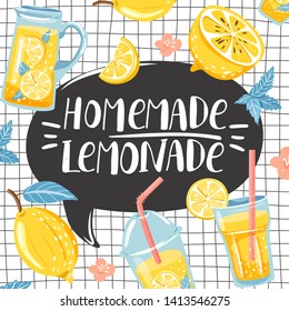 Summer set with lemon, lemon slice, mint, flower, jar with lemonade. Speech bubble with lettering. Vector illustration on checkered background.