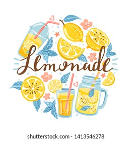 Summer set with lemon, lemon slice, mint, flower, jar with lemonade and lettering. Circle shape composition. Vector illustration on white background.