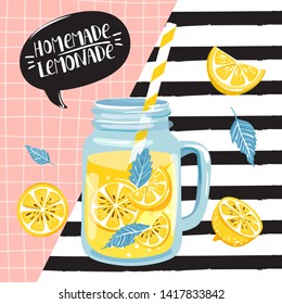 Summer set with lemon, lemon slice, mint, jar with lemonade. Speech bubble with lettering. Vector illustration on checkered and striped backgrounds.