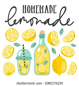 Summer set with lemonade and it's ingredients. Lemon, lemon slice, mint and hand written text.