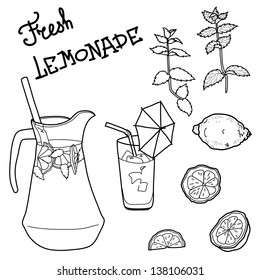 Summer set with lemonade and it's ingredients. Lemon, mint, jug, ice and glass. Hand drawn vector illustration.