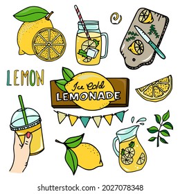 Summer set with lemonade and its ingredients. Lemon, lemon slice, pitcher, glass. Takeaway drinks, lemonade trade. Hand drawing vector illustration isolated on white background