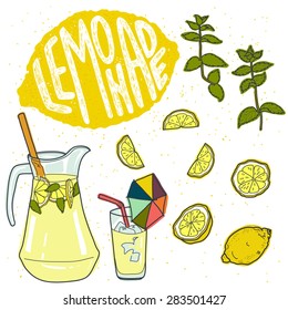 Summer set with lemonade and it's ingredients. Lemon, mint, jug, ice, glass and 'Lemonade' hand lettering. Hand drawn vector illustration.