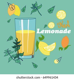 Summer set with lemonade and it's ingredients. Lemon, mint, glass and 'Lemonade'. Vector illustration.