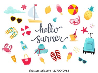 Summer set with lettering and cute beach elements flip flops, fruits, flowers, ice creams. Flat cartoon elements. Vector illustration svg