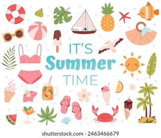 Conjunto de verano con letras y Elementos de playa lindos bikini, hojas tropicales, helados, cócteles, chanclas, frutas, flores, palmeras.