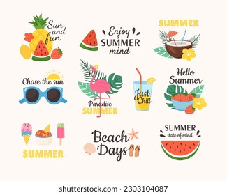 Summer set lettering labels with elements beach vacation and travel. Tropical fruit, drink, sun, signs for sticker, card, poster. Vector colored illustration collection