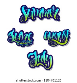 Summer - set of the lettering. Modern calligraphy. Vector illustration on blue background as poster, postcard, card, invitation template. Concept summer advertising.