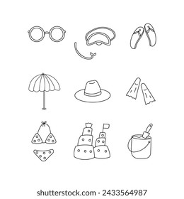 Summer set line elements. Sunglasses diving mask slippers umbrella hat fins swimsuit sand castle with flags bucket with shovel. Doodle icons  childrens coloring books. Hand drawn vector illustration.