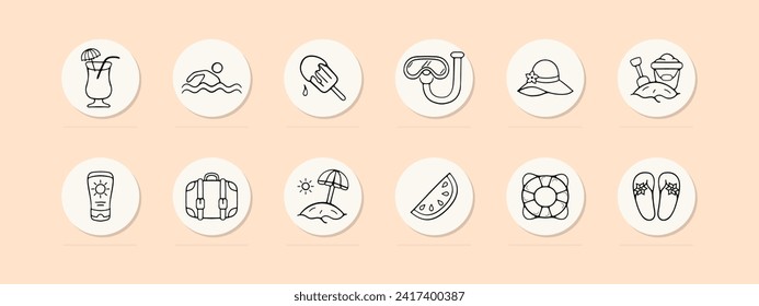 Summer set line icon. Rest, vacation, vacation, ice cream, sand, resort, tan, cream, cocktail, watermelon. Pastel color background. Vector line icon for business and advertising