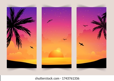 Sommer Set von mobilen Hintergrund. Farbenfroher Sonnenuntergang am Meer mit Palmen und Möwen. Geschichten Vorlage.