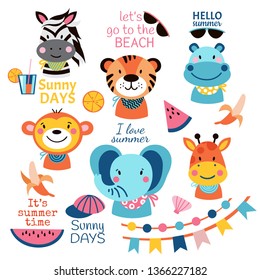 Summer set motivation calligraphy, animals illustration and other summer elements. Vector 