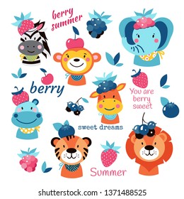 Summer set motivation calligraphy, cartoon cute animals illustration, berries and other summer elements. Lion,tiger, giraffe, zebra, hippopotamus, elefant, monkey. - Vector 