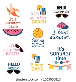 Summer set - motivation calligraphy and other summer elements. Vector illustration