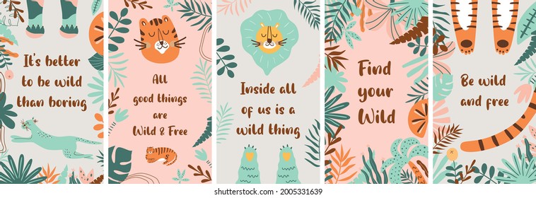 Summer set of nature social media stories, tropical plants, cute tiger, jungle leaf in vector. Social media posts