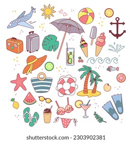 Conjunto veraniego de objetos. Elementos de playa, pegatinas. Vacaciones de verano, viajes al mar. Ilustración vectorial en un estilo plano.