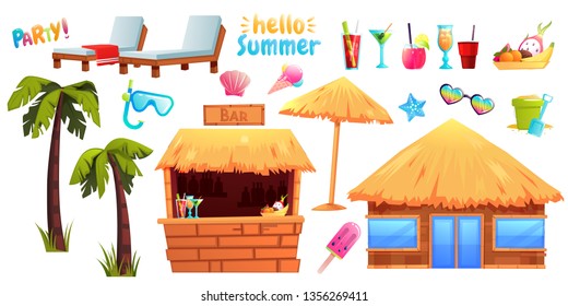 Summer set of objects and furniture. Tiki bar with alcohol and wooden bungalow. Hotel lounge chairs next to palm trees and cocktails and fruits. Vector cartoon illustration