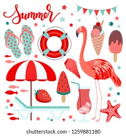 Summer set of objects isolated on white background, flamingo, deck chair, umbrella, ice-cream cone, Popsicle, shell, flip-flops, living coral, teal color, fish, starfish, vivid vector illustration.