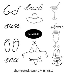 Summer set on the beach and the sea, hand drawing, vector