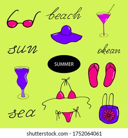 Summer set on the beach and the sea, hand drawing, vector