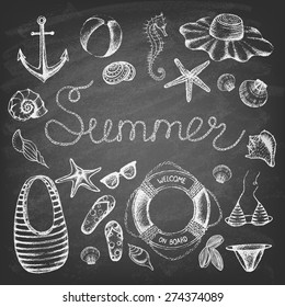 Summer set  on the blackboard. Hand drawn retro icons summer beach set on a grunge paper background. Vintage style. Vector illustration.