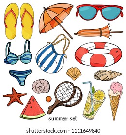 Summer set on the theme of beach holidays and summer meals. Colorful beach items in sketch style on white background. Vector illustration