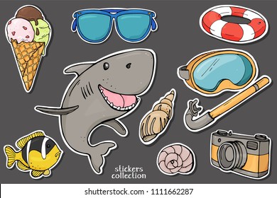Summer set on the theme of a beach holiday. Fish, ice cream and beach accessories. Colorful stickers in the style of the sketch. Vector illustration
