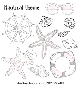 Summer set on the theme of the sea on a white background. Sunglasses, starfish and seashells, lifeline and steering wheel. Monochrome vector illustration in sketch style. Hand-drawn.