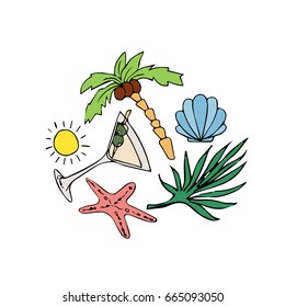 Summer set on white background vector illustration. Doodle style. Design icon, print, logo, poster, symbol, decor, textile, paper, card. 