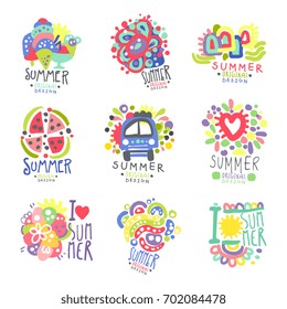 Summer set original design logo. Summer travel, sea, beach, holiday, adventure colorful hand drawn label vector Illustrations