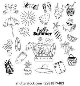 Summer set  outline cartoon kawaii elements cute flat doodle style 