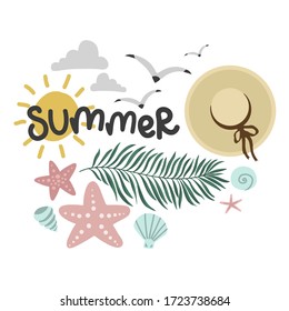 summer set, palm leaf and hat, seagulls mollusks, vector design template, lettering illustration