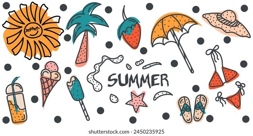 Sommerset mit Palme, Flipflops, Bikini, Punkten, Hut, frischem Saft, Sonne im Doodle-Stil. Vektorgrafik handgezeichnete Illustration in Schwarz, Blau, Rosa, Rot, Orange, Beige. Isoliert auf weißem Hintergrund	