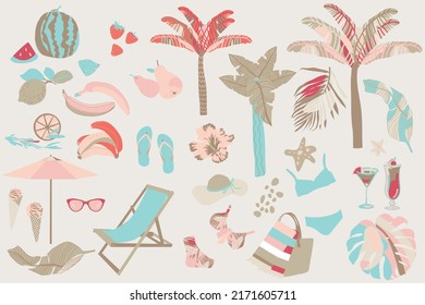 summer set with palm trees, fruits, cocktails  and lounge chairs, vector design for paper, fabric and other surface