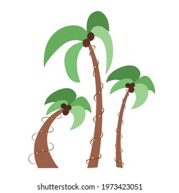 Summer set of palm trees with garlands on the trunks. Collection of exotic tropical flat illustration of plants. Bright lights on tree. Coconuts grow. Cliparts, stickers, elements for hotel business