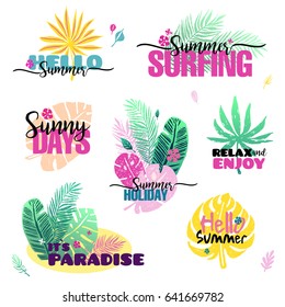 Summer set with palm trees labels, logos, tags and elements, for summer holiday, travel, beach vacation . Vector illustration.