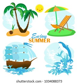 Summer set with palm trees, ship, dolphin, umbrella