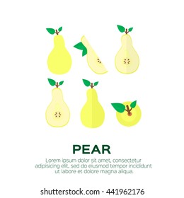 Summer set of pear with leaf. Whole and cut yellow pears. Symbol of food, sweet and vitamin, healthy. Vector illustration