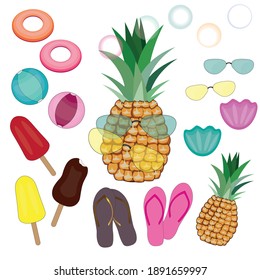 Summer set. Pineapple, slippers, glasses, bubbles, balls, shells, ice cream. Yellow, red, pink, blue, orange. Isolated on a white background.