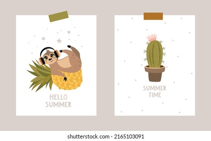 Summer set postcard with a cute sloth on the background. A handwritten greeting. Vector illustration.