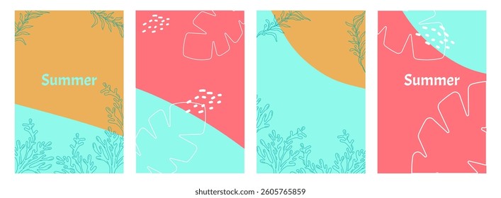 Summer set poster abstract and floral elements. Design social media posts, landing pages, and apps. Vector illustration.