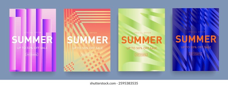 Summer Set Psychedelic Stripe with Geometric Lines. Trendy 3d Background for Social Media, Music, Ads, Festival, Banner, Cover, Label, Poster. Discount Offer 50%. Vector illustration.