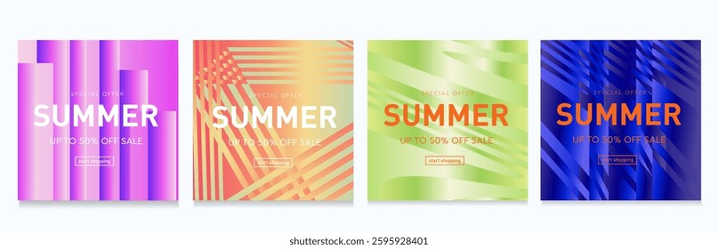 Summer Set Psychedelic Stripe with Geometric Lines. Trendy 3d Background for Social Media, Music, Ads, Festival, Banner, Cover, Label, Poster. Discount Offer 50%. Vector illustration.