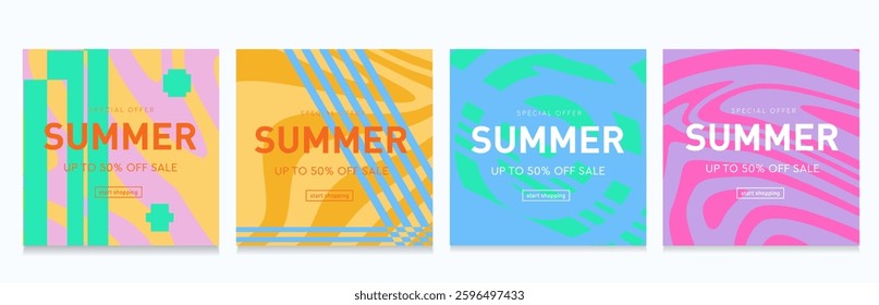 Summer Set Psychedelic Stripe with Geometric Lines. Trendy 3d Background for Social Media, Music, Ads, Festival, Banner, Cover, Label, Poster. Discount Offer 50%. Vector illustration.