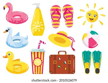 Summer set for recreation and holidays. Things of a traveler and a vacationer. Inflatable rubber circles, flip-flops, fins, cocktail, sun, hat etc