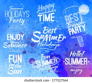 Summer set in retro style with lettering  on bright blue watercolor background.