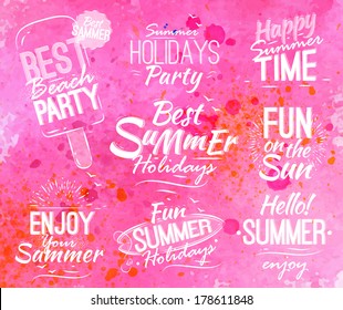 Summer set in retro style on pink watercolor background. 