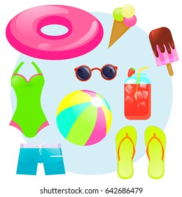 Summer set with rubber ring, ice cream, ice juice, ball, sunglasses. Vector illustration