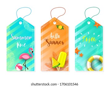 Summer set of sale and gift labels, tags with fun elements, hand drawn lettering. Collection with palm tropical leaves, plants, flamingo, ice cream, coconut and much more.
