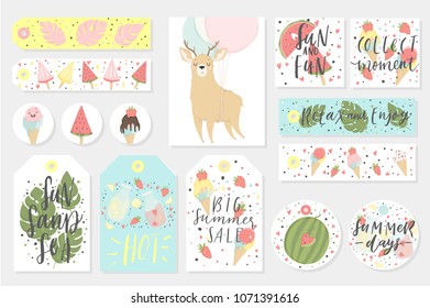 Summer set of sale and gift tags, labels, stickers and cards with fun elements, hand drawn lettering and textures kit. Collection with tropical leaves, fruits, icecream, lemon, pineapple and more.